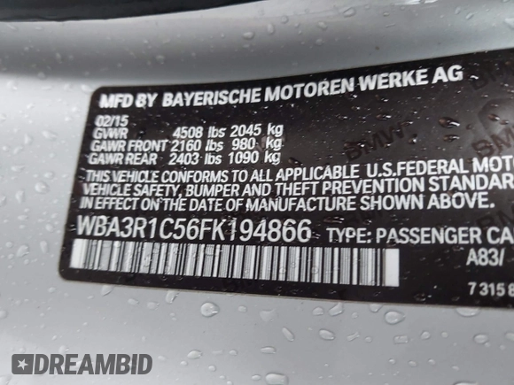 2015 BMW 4 Series 435i with VIN WBA3R1C56FK194866, listed as a IAAI auction lot 41858787 with 77,948 mi miles and . Bid and sale history available at carsss.com. Image 9.