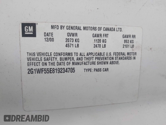 2001 Chevrolet Impala with VIN 2G1WF55E819234705, listed as a IAAI auction lot 42196055 with 188,546 mi miles and . Bid and sale history available at DreamBid. Image 9.