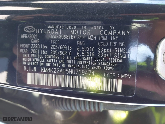 2022 Hyundai Kona Preferred with VIN KM8K22AB5NU769474, listed as a IAAI auction lot 41855479 with 70,449 mi miles. Bid and sale history available at carsss.com. Image 9.