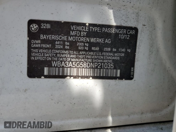 2013 BMW 3 Series 328i with VIN WBA3A5G58DNP21035, listed as a Copart auction lot 60543305 with 151,768 mi miles and Salvage title. Bid and sale history available at DreamBid. Image 12.
