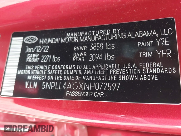 2022 Hyundai Elantra SE with VIN 5NPLL4AGXNH072597, listed as a IAAI auction lot 42040815 with 24,582 mi miles and . Bid and sale history available at DreamBid. Image 9.