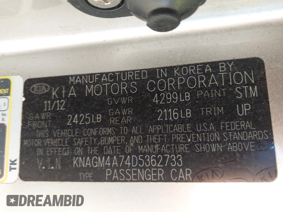 2013 Kia Optima LX with VIN KNAGM4A74D5362733, listed as a IAAI auction lot 41822608 with 134,075 mi miles. Bid and sale history available at carsss.com. Image 9.