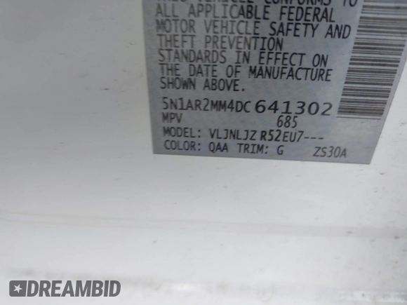 2013 Nissan Pathfinder SL with VIN 5N1AR2MM4DC641302, listed as a IAAI auction lot 41877111 with 135,403 mi miles and . Bid and sale history available at DreamBid. Image 9.