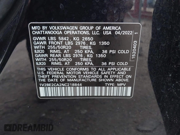 2022 Volkswagen Atlas SEL with VIN 1V2BE2CA2NC218844, listed as a IAAI auction lot 41264502 with 47,150 mi miles and . Bid and sale history available at DreamBid. Image 9.
