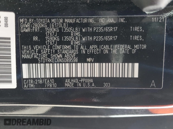 2022 Toyota Sienna XLE with VIN 5TDYRKEC6NS089598, listed as a Copart auction lot 49350255 with 66,552 mi miles and Salvage Title. Bid and sale history available at DreamBid. Image 13.
