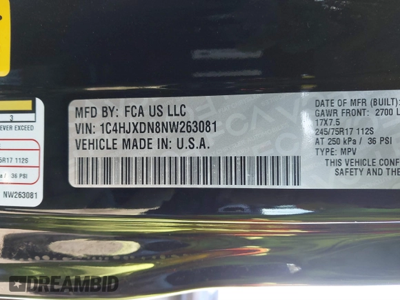 2022 Jeep Wrangler Unlimited Sport S with VIN 1C4HJXDN8NW263081, listed as a IAAI auction lot 41113466 with 34,238 mi miles. Bid and sale history available at carsss.com. Image 9.