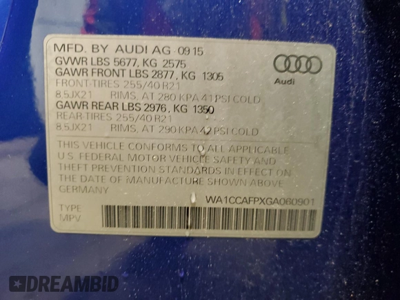 2016 Audi SQ5 Premium Plus with VIN WA1CCAFPXGA060901, listed as a Copart auction lot 58714495 with 64,021 mi miles and Salvage title. Bid and sale history available at DreamBid. Image 14.