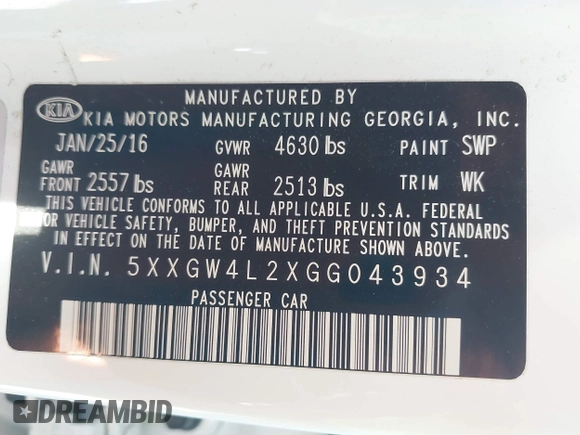2016 Kia Optima SX Turbo with VIN 5XXGW4L2XGG043934, listed as a IAAI auction lot 40451940 with 86,386 mi miles and . Bid and sale history available at carsss.com. Image 9.