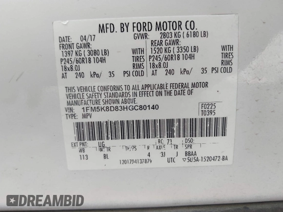 2017 Ford Explorer XLT z VIN 1FM5K8D83HGC80140, wystawiony jako IAAI lot #42336788 z przebiegiem 94 058 mil mil oraz . Historia ofert i sprzedaży dostępna na DreamBid. Obrazek 9.