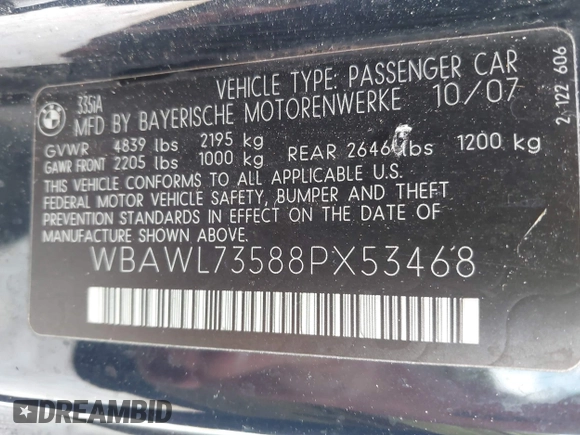 2008 BMW 3 Series 335i with VIN WBAWL73588PX53468, listed as a IAAI auction lot 42103242 with 169,715 mi miles and . Bid and sale history available at DreamBid. Image 9.