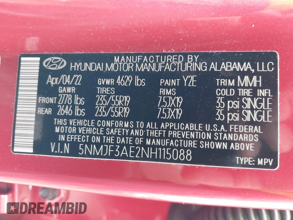 2022 Hyundai Tucson SEL with VIN 5NMJF3AE2NH115088, listed as a IAAI auction lot 41915800 with 13,120 mi miles and . Bid and sale history available at DreamBid. Image 9.
