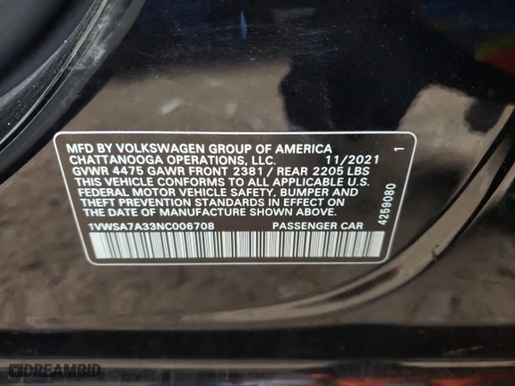2022 Volkswagen Passat 2.0T SE with VIN 1VWSA7A33NC006708, listed as a Copart auction lot 71749142 with 15,505 mi miles. Bid and sale history available at carsss.com. Image 12.