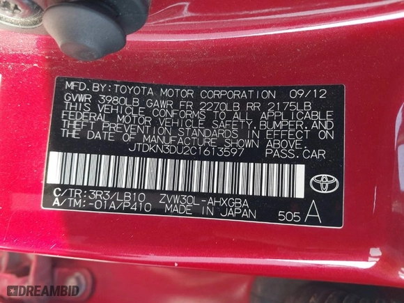 2012 Toyota Prius One with VIN JTDKN3DU2C1613597, listed as a IAAI auction lot 41555957 with NaN miles. Bid and sale history available at carsss.com. Image 9.