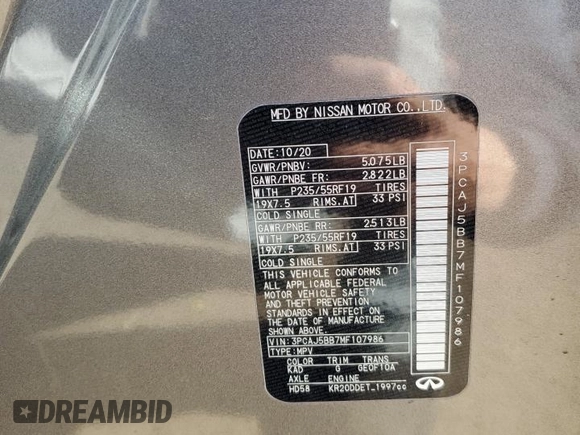 2021 Infiniti QX50 Luxe with VIN 3PCAJ5BB7MF107986, listed as a Copart auction lot 84916204 with 36,751 mi miles and Salvage title. Bid and sale history available at DreamBid. Image 12.