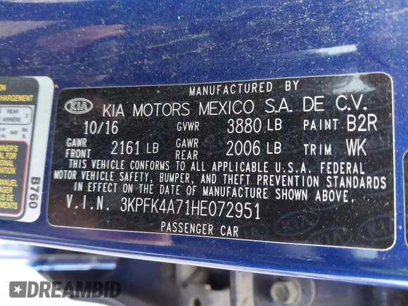 2017 Kia Forte LX with VIN 3KPFK4A71HE072951, listed as a IAAI auction lot 41717857 with 89,299 mi miles. Bid and sale history available at carsss.com. Image 9.