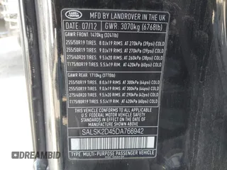 2013 Land Rover Range Rover Sport HSE Lux with VIN SALSK2D45DA766942, listed as a IAAI auction lot 41687527 with Not provided miles and . Bid and sale history available at DreamBid. Image 9.