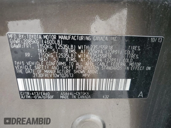 2013 Toyota RAV4 Limited с VIN 2T3DFREV1DW102613, выставлен на аукционе Copart как лот 62566875 с пробегом 67 888 миль миль и Списание • Salvage title. История ставок и продаж доступна на DreamBid. Изображение 13.