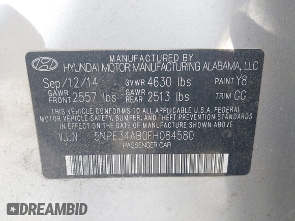 2015 Hyundai Sonata Sport with VIN 5NPE34AB0FH084580, listed as a IAAI auction lot 42150153 with 159,633 mi miles and . Bid and sale history available at carsss.com. Image 9.