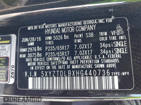 2017 Hyundai Santa Fe 2.4L с VIN 5XYZTDLBXHG440736, выставлен на аукционе IAAI как лот 42234524 с пробегом 134 045 миль миль и . История ставок и продаж доступна на DreamBid. Изображение 9.