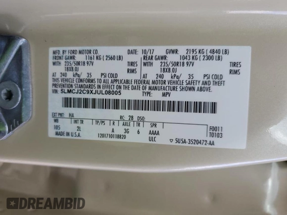 2018 Lincoln MKC Select with VIN 5LMCJ2C9XJUL08005, listed as a Copart auction lot 49950783 with 76,946 mi miles and . Bid and sale history available at DreamBid. Image 15.