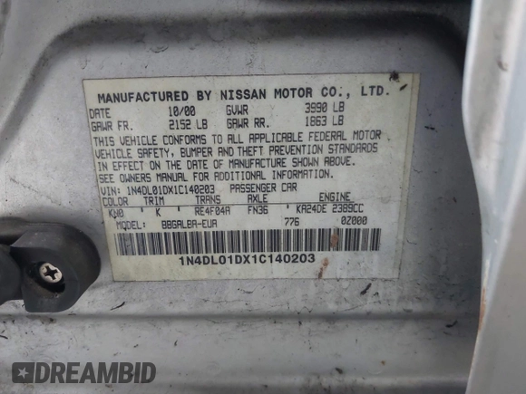 2001 Nissan Altima GXE with VIN 1N4DL01DX1C140203, listed as a IAAI auction lot 42045150 with 190,624 mi miles and . Bid and sale history available at carsss.com. Image 9.