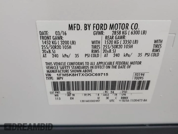 2016 Ford Explorer Platinum с VIN 1FM5K8HTXGGC69715, выставлен на аукционе Copart как лот 59577805 с пробегом 48 926 миль миль и Списание • Salvage title. История ставок и продаж доступна на DreamBid. Изображение 13.
