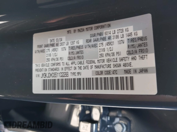 2025 Mazda CX-70 S Premium with VIN JM3KJDHC8S1102288, listed as a IAAI auction lot 41994535 with 2,122 mi miles and . Bid and sale history available at DreamBid. Image 9.