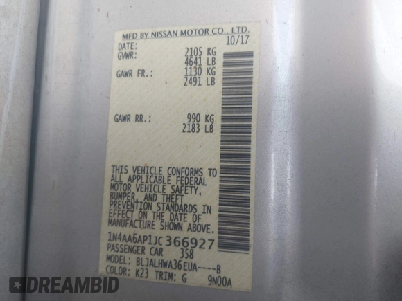 2018 Nissan Maxima SV z VIN 1N4AA6AP1JC366927, wystawiony jako IAAI lot #42394242 z przebiegiem 89 093 mil mil oraz . Historia ofert i sprzedaży dostępna na DreamBid. Obrazek 9.