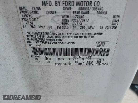 2007 Ford F-150 XL with VIN 1FTRF12W97KC13119, listed as a Copart auction lot 60927195 with 208,316 mi miles and Salvage title. Bid and sale history available at DreamBid. Image 12.