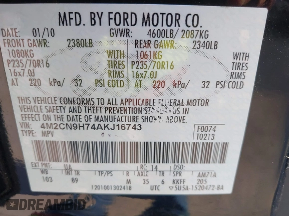 2010 Mercury Mariner Premier with VIN 4M2CN9H74AKJ16743, listed as a IAAI auction lot 42245447 with 160,203 mi miles and . Bid and sale history available at DreamBid. Image 9.