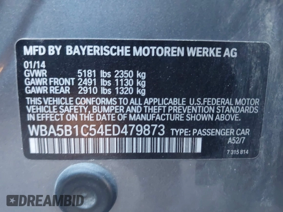 2014 BMW 5 Series 535i with VIN WBA5B1C54ED479873, listed as a IAAI auction lot 41338061 with 75,097 mi miles and . Bid and sale history available at DreamBid. Image 9.
