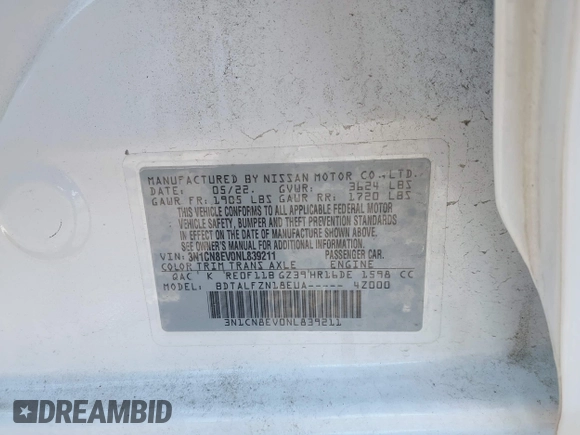 2022 Nissan Versa SV z VIN 3N1CN8EV0NL839211, wystawiony jako IAAI lot #41362397 z przebiegiem 7 670 mil mil oraz . Historia ofert i sprzedaży dostępna na DreamBid. Obrazek 9.