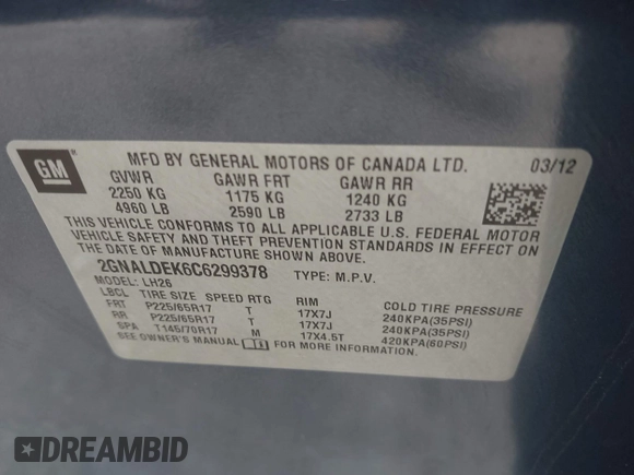 2012 Chevrolet Equinox LT w/1LT with VIN 2GNALDEK6C6299378, listed as a IAAI auction lot 42017940 with 133,560 mi miles. Bid and sale history available at carsss.com. Image 9.