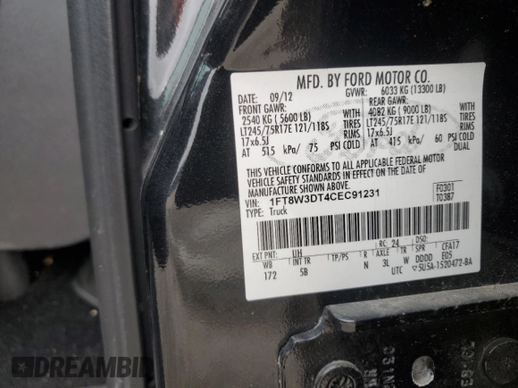 2012 Ford F-350 XL with VIN 1FT8W3DT4CEC91231, listed as a Copart auction lot 41620685 with 61,447 mi miles and Salvage Title. Bid and sale history available at DreamBid. Image 12.
