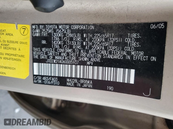 2006 Toyota Highlander z VIN JTEEW21A060005937, wystawiony jako Copart lot #55835305 z przebiegiem 251 814 mil mil oraz Szkoda całkowita • Salvage title. Historia ofert i sprzedaży dostępna na DreamBid. Obrazek 14.