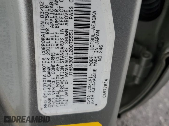 2002 Lexus LS 430 with VIN JTHBN30F120075551, listed as a Copart auction lot 52411405 with 194,704 mi miles and Salvage Title. Bid and sale history available at DreamBid. Image 12.
