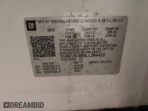 2020 Chevrolet Trax LS with VIN 3GNCJKSB9LL294422, listed as a IAAI auction lot 41603327 with 24,895 mi miles and . Bid and sale history available at DreamBid. Image 9.