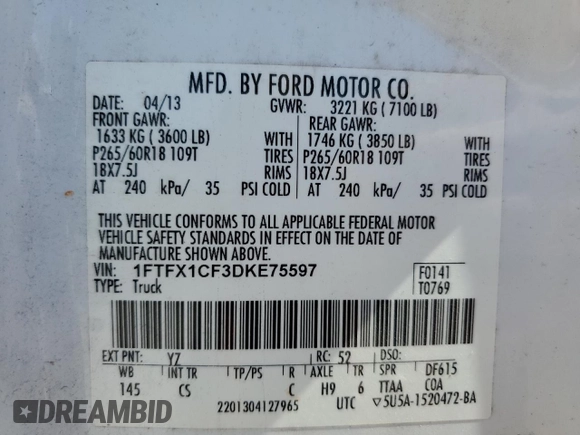 2013 Ford F-150 XL with VIN 1FTFX1CF3DKE75597, listed as a Copart auction lot 52992635 with 294,670 mi miles and Salvage Title. Bid and sale history available at carsss.com. Image 12.