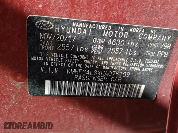 2017 Hyundai Sonata Hybrid Limited with VIN KMHE34L3XHA076109, listed as a Copart auction lot 40304283 with 106,557 mi miles. Bid and sale history available at carsss.com. Image 12.