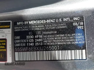 2018 Mercedes-Benz C 43 AMG with VIN 55SWF6EBXJU265001, listed as a IAAI auction lot 42184097 with 50,800 mi miles and . Bid and sale history available at DreamBid. Image 9.