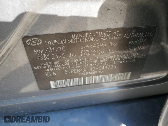 2011 Hyundai Sonata GLS with VIN 5NPEB4AC4BH044735, listed as a Copart auction lot 55756035 with 205,477 mi miles and Non Repairable. Bid and sale history available at DreamBid. Image 12.