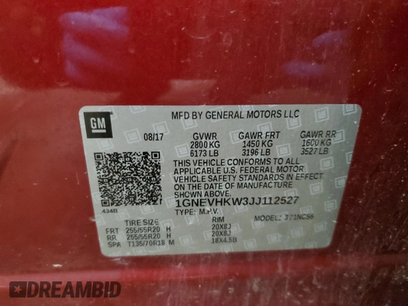 2018 Chevrolet Traverse LT Leather with VIN 1GNEVHKW3JJ112527, listed as a Copart auction lot 87376644 with 118,659 mi miles and Salvage Title. Bid and sale history available at carsss.com. Image 13.