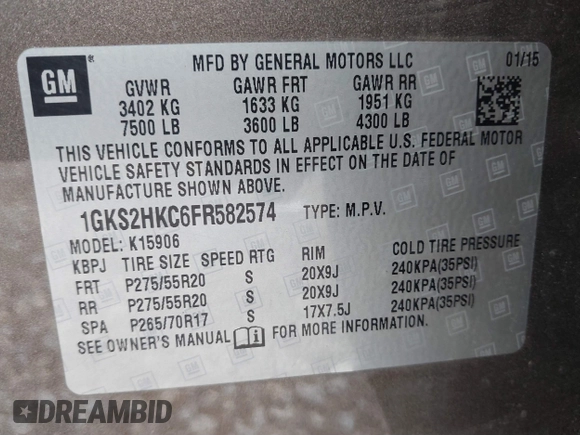 2015 GMC Yukon XL SLT with VIN 1GKS2HKC6FR582574, listed as a IAAI auction lot 41187550 with 185,737 mi miles. Bid and sale history available at carsss.com. Image 9.
