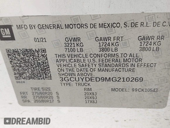 2021 Chevrolet Silverado 1500 LT with VIN 3GCUYDED9MG210269, listed as a IAAI auction lot 41630134 with 96,127 mi miles. Bid and sale history available at carsss.com. Image 9.