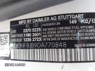 2013 Mercedes-Benz E 350 Luxury with VIN WDDHF8JB9DA770848, listed as a IAAI auction lot 42250178 with 105,889 mi miles and . Bid and sale history available at DreamBid. Image 9.