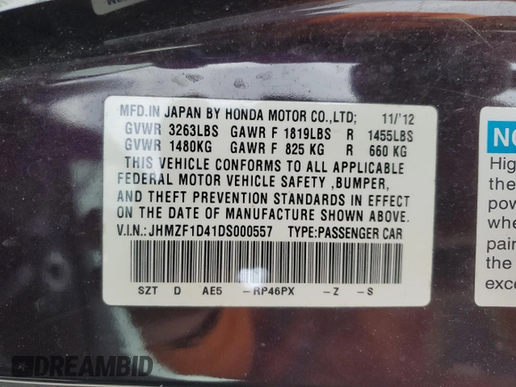 2013 Honda CR-Z z VIN JHMZF1D41DS000557, wystawiony jako Copart lot #47536735 z przebiegiem Nie podano mil oraz Szkoda całkowita • Salvage title. Historia ofert i sprzedaży dostępna na DreamBid. Obrazek 13.