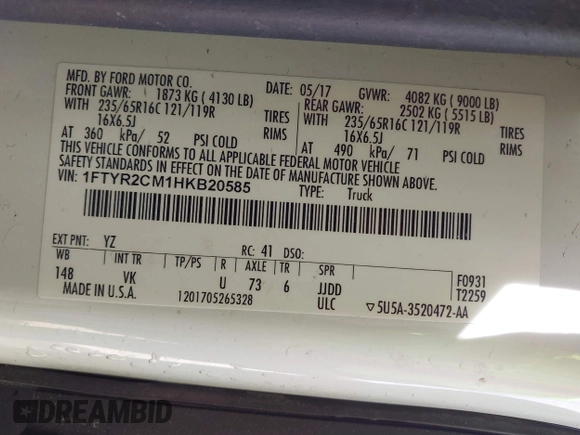 2017 Ford Transit with VIN 1FTYR2CM1HKB20585, listed as a IAAI auction lot 41769400 with Not Provided miles. Bid and sale history available at carsss.com. Image 9.