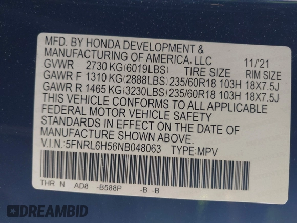 2022 Honda Odyssey EX with VIN 5FNRL6H56NB048063, listed as a IAAI auction lot 41972411 with 19,973 mi miles and . Bid and sale history available at DreamBid. Image 9.