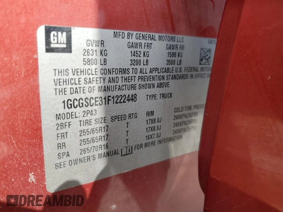 2015 Chevrolet Colorado 2WD Z71 with VIN 1GCGSCE31F1222448, listed as a Copart auction lot 47480185 with 119,522 mi miles and Clean title. Bid and sale history available at DreamBid. Image 12.