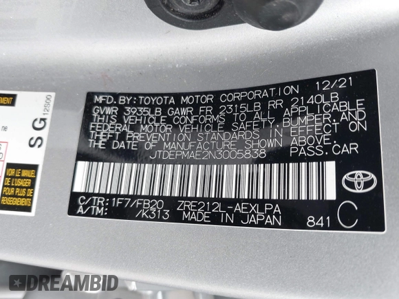 2022 Toyota Corolla LE with VIN JTDEPMAE2N3005838, listed as a IAAI auction lot 41649501 with 57,269 mi miles and . Bid and sale history available at carsss.com. Image 9.